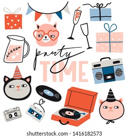 Party time set with lettering. Funny cats in 
holiday hats, gift, flag, coctails. Cute hand drawn collection. Cartoon doodle pet vector animals. Celebration Birthday, Christmas, New Year, Holidays