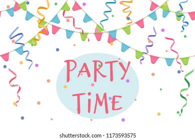 Party Time sign on serpentine background with confetti and flags, cheerful wallpaper, decoration vector illustration