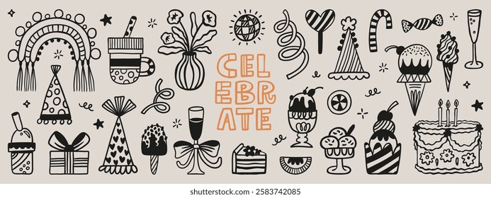 Party time and sweet desserts hand-drawn doodle elements. Vector set with birthday present, balloon, cake, cupcake and ice-cream. 