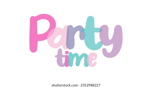Party Time typography lettering background sign banner, label, sticker, text design, pink, purple, lilac, blue, white background, tag