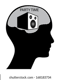 Party time vector design with loudspeaker, brain and human head. Isolated easy to edit black and white illustration, raster available in my portfolio.