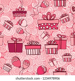 Party time! Vector seamless pattern with hand drawn balloons. Doodle elements - dots, hearts, balloons. Festive background for birthday party. Pink, blue, yellow, objects on pink backdrop.