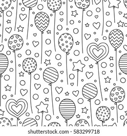 Party time! Vector seamless pattern with hand drawn balloons. Doodle elements - stars, dots, hearts, balloons. Festive background for birthday party. Coloring page for coloring book.