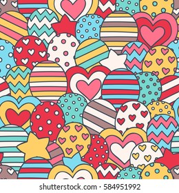 Party time! Vector seamless pattern with hand drawn balloons. Doodle elements - stars, dots, hearts, balloons. Festive background for birthday party. Colorful backdrop.