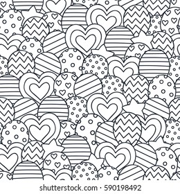 Party time! Vector seamless pattern with hand drawn balloons. Doodle elements - stars, dots, hearts, balloons. Festive background for birthday party. Coloring page for coloring book.