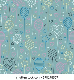 Party time! Vector seamless pattern with hand drawn balloons. Doodle elements - stars, dots, hearts, balloons. Festive background for birthday party.  Pink, blue, yellow, objects on gray backdrop.