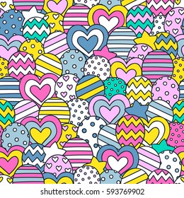 Party time! Vector seamless pattern with hand drawn balloons. Doodle elements - stars, dots, hearts, balloons. Festive background for birthday party. Yellow, pink, gray, green, white colors.