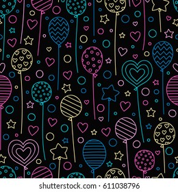 Party time! Vector seamless pattern with hand drawn balloons. Doodle elements - stars, dots, hearts, balloons. Festive background for birthday party.  Pink, blue, yellow, green objects on black.