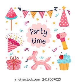 Party time vector set. Cute pink toys for a girl - whistle, hat, dog shaped balloon, cake, lollipop, garland. Gifts and surprises for a birthday. Anniversary celebration, baby holiday. Cartoon clipart