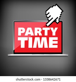 Party time words display on High-quality laptop screen.