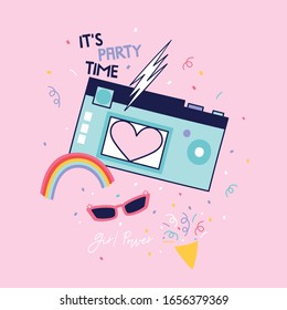 It's party time.Cute symbol t-shirt design.Camera, sunglasses,confetti and rainbow vector print.Cute drawing for kids.Funny graphic design.Retro camera, sunglasses illustration.