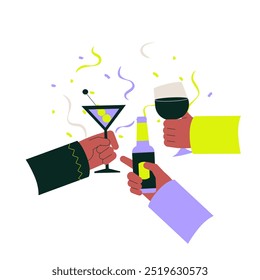 Brindis de fiesta con las manos sosteniendo una copa de martini, una botella de cerveza y una copa de vino en un tintineo de celebración. Ilustración vectorial plana que representa la celebración y la reunión social, aislada en blanco