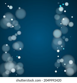 Party transparent bokeh lights confetti illustration. White abstract snowflakes over dark blue background. Blurred bokeh lights flare effect circle random dust falling card pattern