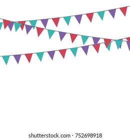 Party triangle bunting flags hanging on the rope. Colorful flag - green, purple, red. Template design for holiday decoration, celebration or birthday. Vector illustration