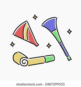 Party trumpet cartoon flat line art. Illustration of a party trumpet set, perfect for needs related to new year, celebrations, holidays, birthdays, parties and more.