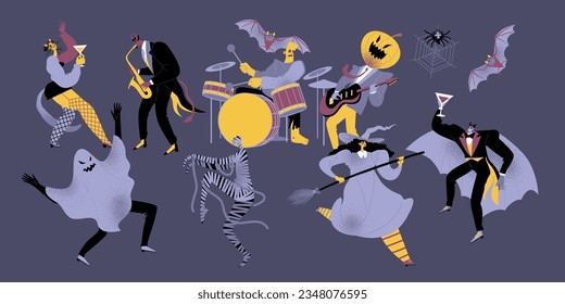 Partei des Unreinen. Hexe, Vampire, Zombie und Geist tanzen vor Band aus der Hölle. Halloween-Illustration. Cartoon-Figuren in flachem Stil