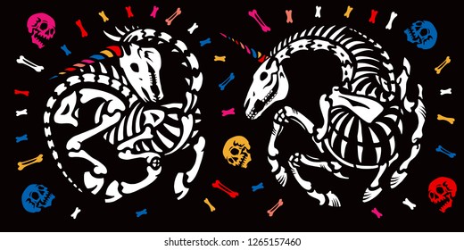 Party unicorn skeleton. Unicorns dance among skulls and bones. Great for greeting cards, halloween party invitations, t-shirt printing and more. Halloween illustration.