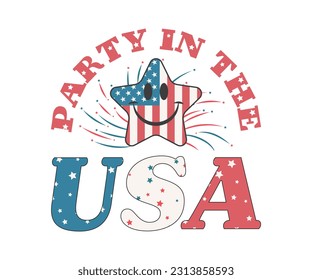 Party in the USA on Independence Day, Cute but naughty Star cartoon face with USA Flag, Print on T-Shirt, Mug, sticker and so many apparel clothing Items. 