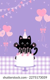 party vector background with a black cat, birthday cake and balloons for banners, cards, flyers, social media wallpapers, etc.