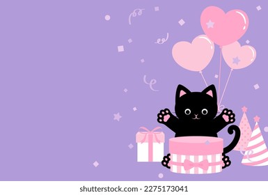 party vector background with a black cat, gift boxes, party hats and balloons for banners, cards, flyers, social media wallpapers, etc.