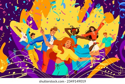 Party vector background. Young men and women dancing, they are happy at the moment. People are at music concert. Illustration in flat bright modern style.