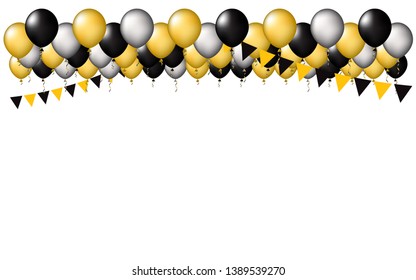 Party vector balloons background. Colors gold, black,and silver balloons and bunting flags. For greetings, invitations, posters, banners.
