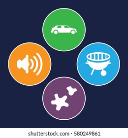 Party vector icons. Set of 4 Party filled icons such as cookie, bbq, car