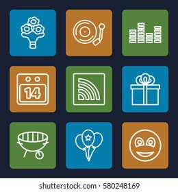 Party vector icons. Set of 9 Party outline icons such as smiley, wi-fi, 14 date calendar, gift, gramophone, bbq, bouquet flower, equalizer