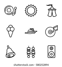 Party vector icons. Set of 9 Party outline icons such as gramophone, loudspeaker, disc and music note, bell, ship, sun, kebab, ice cream