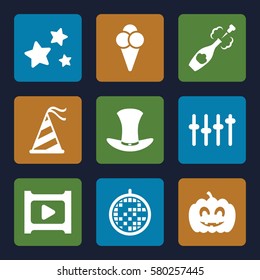 Party vector icons. Set of 9 Party filled icons such as party hat, pumpkin haloween, champagne, star, play, equalizer, ice cream, disco ball