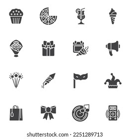 Juego de iconos vectoriales de partido, colección de símbolos sólidos modernos, paquete de pictogramas estilo relleno. Señales, ilustración del logotipo. El juego incluye íconos como comida y bebida, caja de regalo, ramo de flores, música, cohete de fuegos artificiales