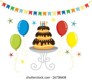 Party vector illustration of cake, balloons and flags