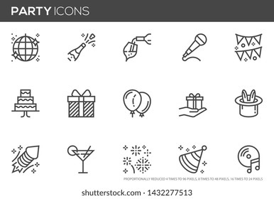 Party vector line icons set. Karaoke, cocktail, gift, balloon, firework. Editable Stroke. Perfect pixel icons, such can be scaled to 24, 48, 96 pixels.