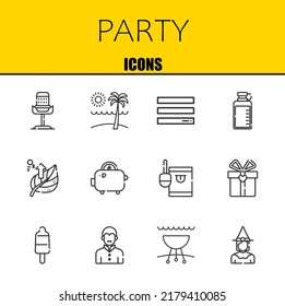 party vector line icons set. microphone, beach and menu Icons. Thin line design. Modern outline graphic elements, simple stroke symbols stock illustration