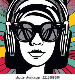 party vector, music art, graphic, illustration with girl , headphone and sunglasses, listening to music audio