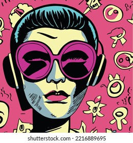 party vector, music art, graphic, illustration with girl , headphone and sunglasses, listening to music audio