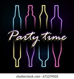 Party vector poster with bright neon bottles.