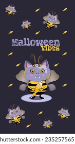 Party vector poster Halloween vibes bee in vampire cat costume with gold fish. Halloween character background bee-cat for storys 9:16