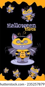 Party vector poster Halloween vibes vampire cat in bee costume with a jar of honey and money. Halloween character background cat-bee for storys 9:16