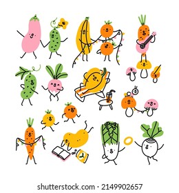 Party at vegetable garden, cute and funny veggie characters, vector collection, isolated on white background