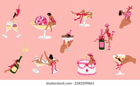 Party Vibes. Woman Enjoying Martini Glass Pose Set