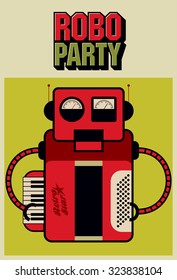 Party vintage poster with retro robot. Vector illustration.