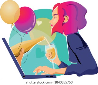 Party in virtual reality, girl enjoying champagne from laptop