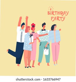 Party visitors with gifts. Hand drawn vector illustration. Lettering style phrase: birthday party