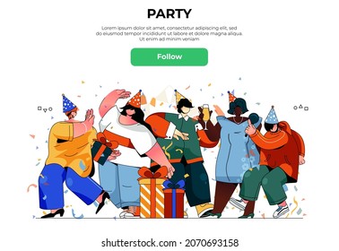 Party web banner concept. Happy men and women celebrate holiday at festive event, dancing and giving gifts, entertainment landing page template. Vector illustration with people scene in flat design