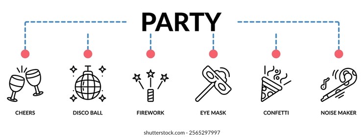 PARTY web banner icons collection. Containing icon of cheer, disco ball, firework, eye mask, confetti, and noise maker. For sign, symbol, presentation, infographics, or web graphics