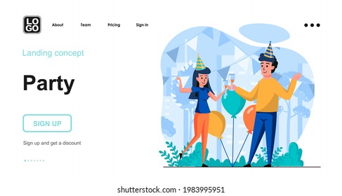Party web concept. Couple in festive hats drinking and dancing together and celebrating holiday. Template of people scenes. Vector illustration with character activities in flat design for website