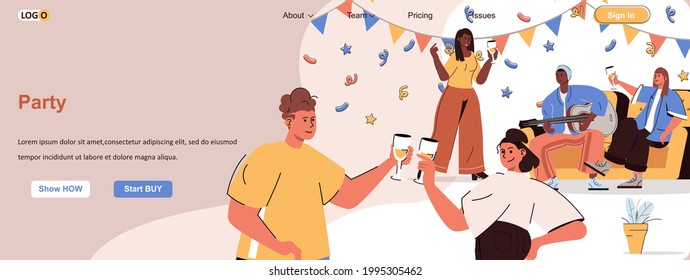 Party web concept. Friends having fun at event, drinking champagne, listening music scene. Banner template with flat line characters design. Vector illustration for social media promotional materials