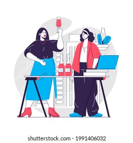 Concepto web de fiesta. Novia tomando champán, divirtiéndose en el evento. Festividades celebrando la escena del pueblo. Diseño de caracteres planos para sitio web. Ilustración vectorial para materiales promocionales de medios sociales