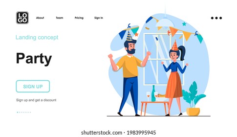 Party web concept. Man and woman in festive hats celebrate holiday together, dance and drink. Template of people scenes. Vector illustration with character activities in flat design for website